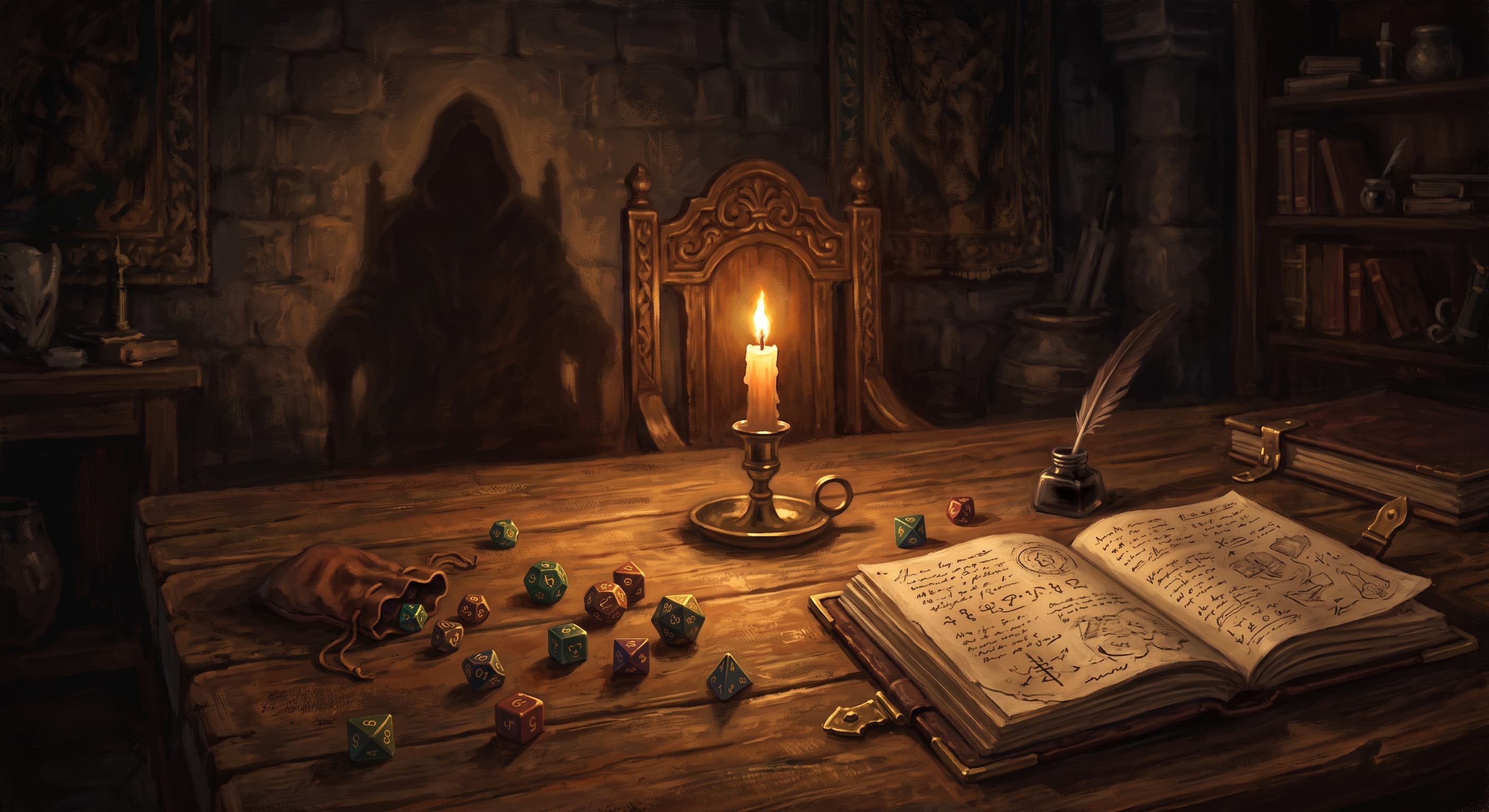 A candlelit game table with scattered dice and an open journal, where the empty chair at the head casts the shadow of a robed Game Master
